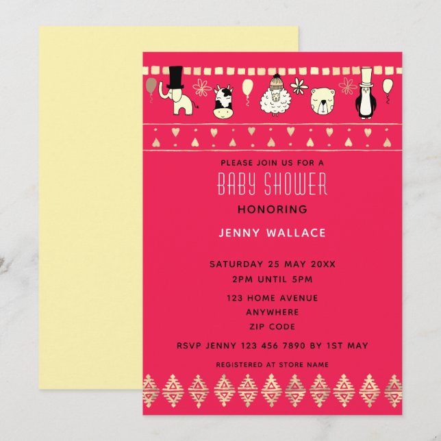 Invitation Cute Animaux Baby shower Cerise foncée Arrière - p (Devant / Derrière)