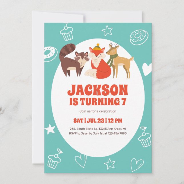 Invitation Cute Animaux d'automne Fox Deer Racoon Anniversair (Devant)