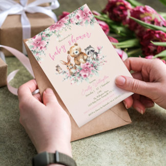 Invitation Cute Animaux Floral Pêche rose Baby shower fille