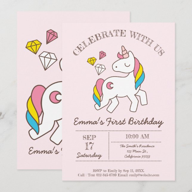 Invitation Cute Anniversaire Rainbow Unicorn (Devant / Derrière)