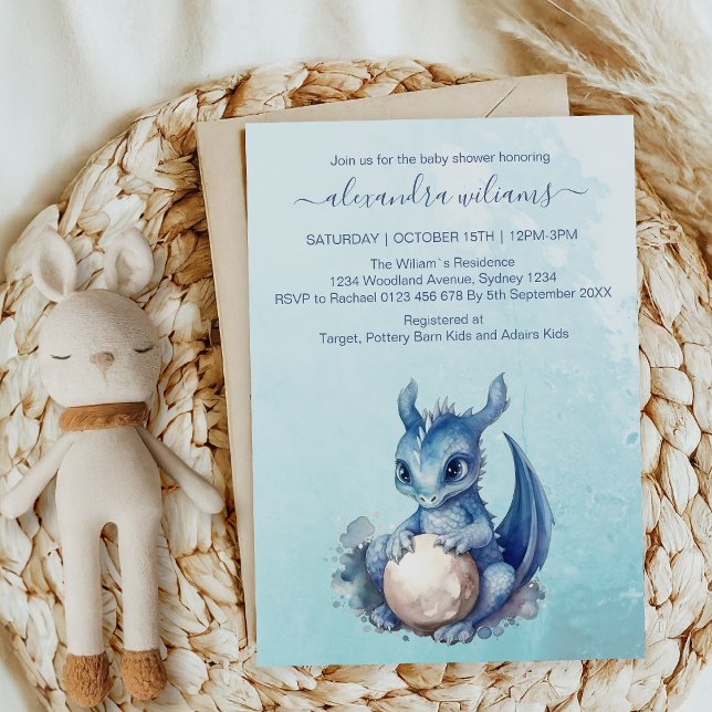 Invitation Cute Aquarelle Baby shower Dragon Bleu (Créateur téléchargé)