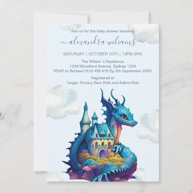 Invitation Cute Aquarelle Baby shower Dragon Bleu (Devant)