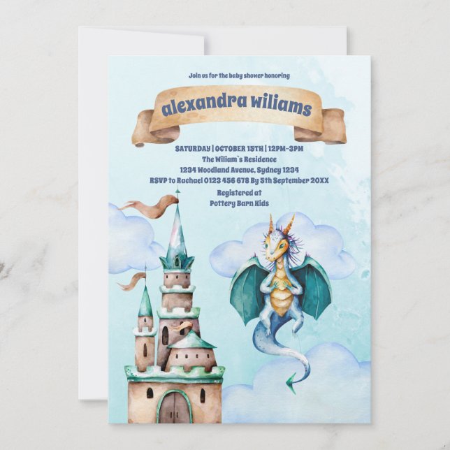 Invitation Cute Aquarelle Baby shower Dragon Bleu (Devant)