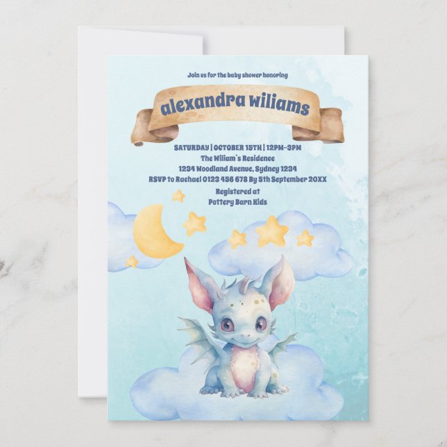 Invitation Cute Aquarelle Baby shower Dragon Bleu (Devant)