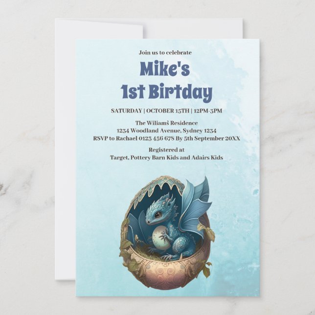 Invitation Cute Aquarelle Baby shower Dragon Bleu (Devant)