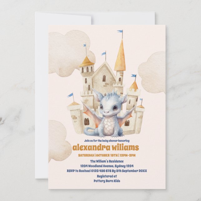Invitation Cute Aquarelle Baby shower Dragon Bleu (Devant)