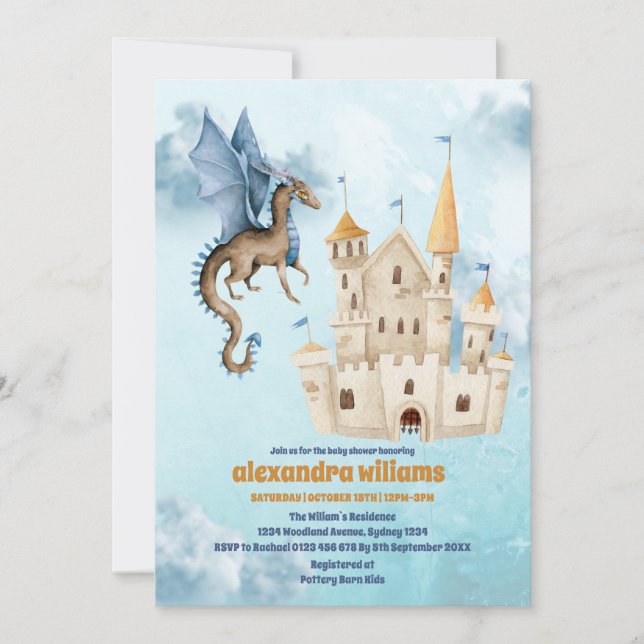 Invitation Cute Aquarelle Baby shower Dragon Bleu (Devant)