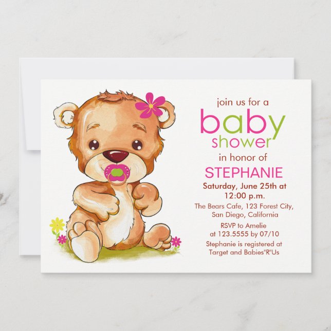 Invitation Cute Aquarelle Bébé Ours Fille Baby shower (Devant)