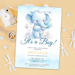 Invitation Cute Aquarelle Blue Elephant Baby shower garçon