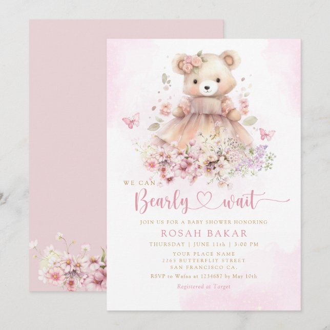 Invitation Cute Aquarelle Boho Teddy Bear Girl Baby shower (Devant / Derrière)