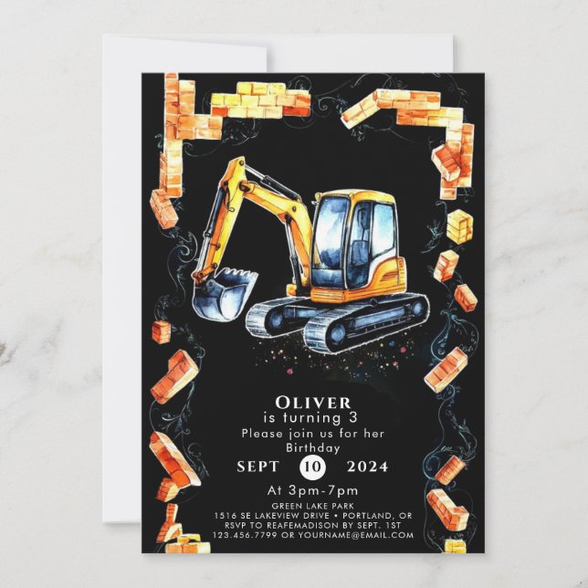 Invitation Cute Aquarelle Construction Anniversaire (Devant)