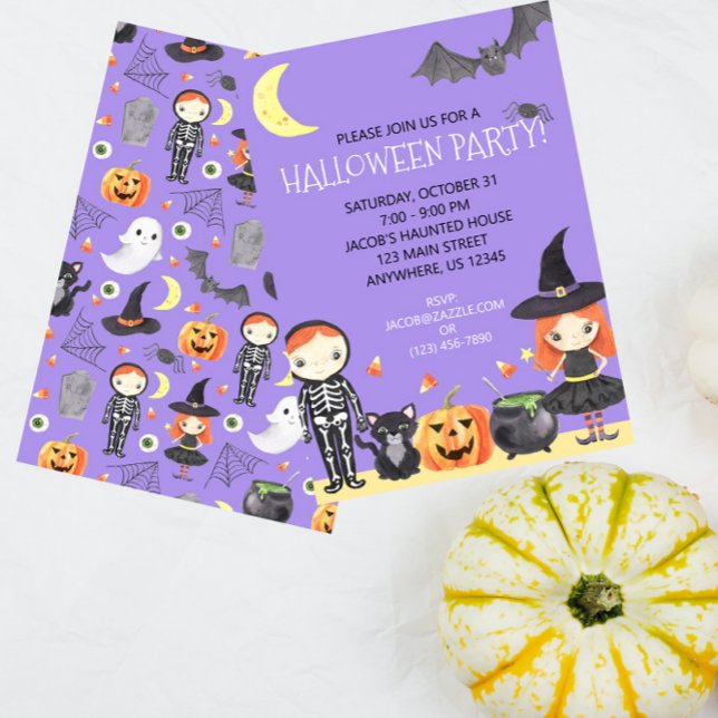 Invitation Cute Aquarelle Costume d'Halloween Enfants (Scare up some fun with this cute Halloween party invitation!)