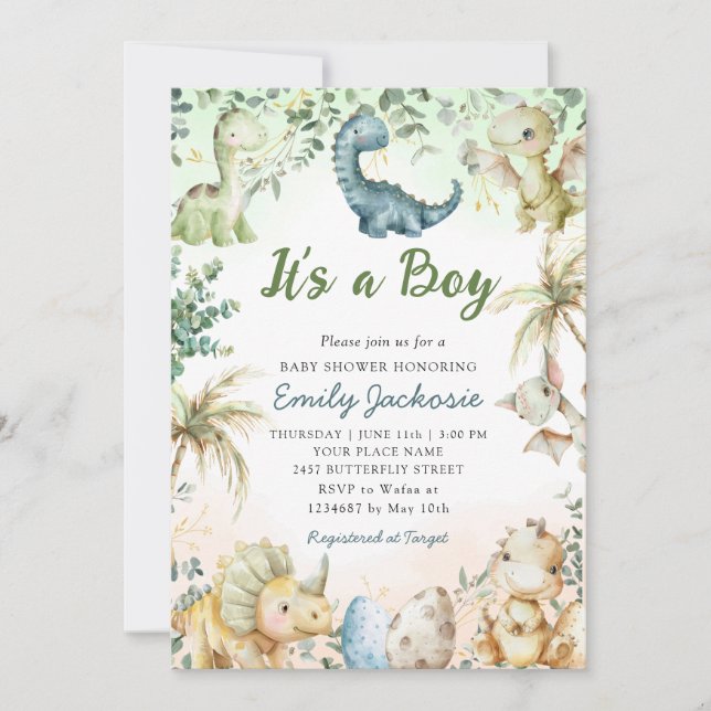 Invitation Cute Aquarelle Dinosaur Baby shower Garçon de verd (Devant)