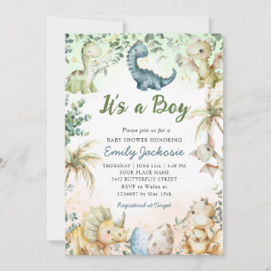 Invitation Cute Aquarelle Dinosaur Baby shower Garçon de verd