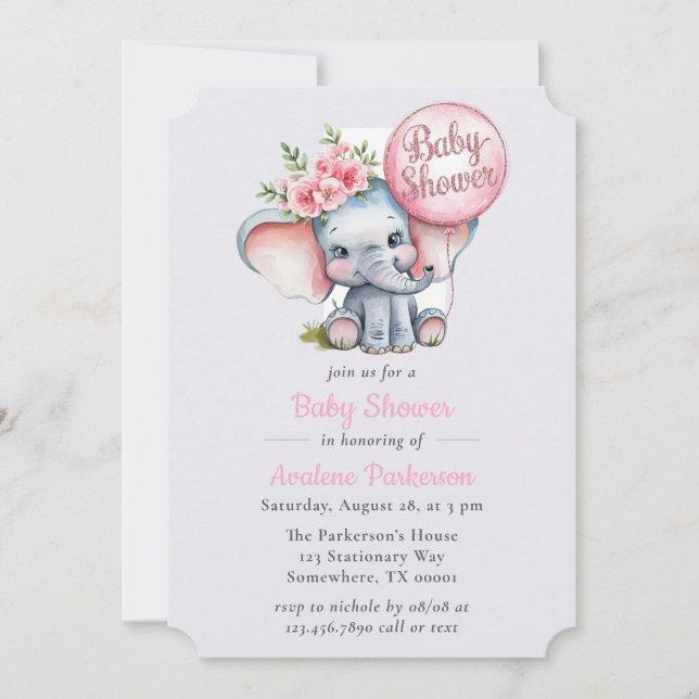 Invitation Cute Aquarelle Elephant Floral Girl Baby shower (Devant)