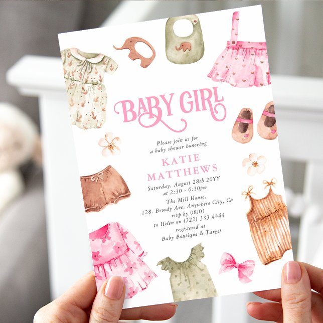 Invitation Cute Aquarelle Fille Vêtements Baby shower FILLE (Créateur téléchargé)