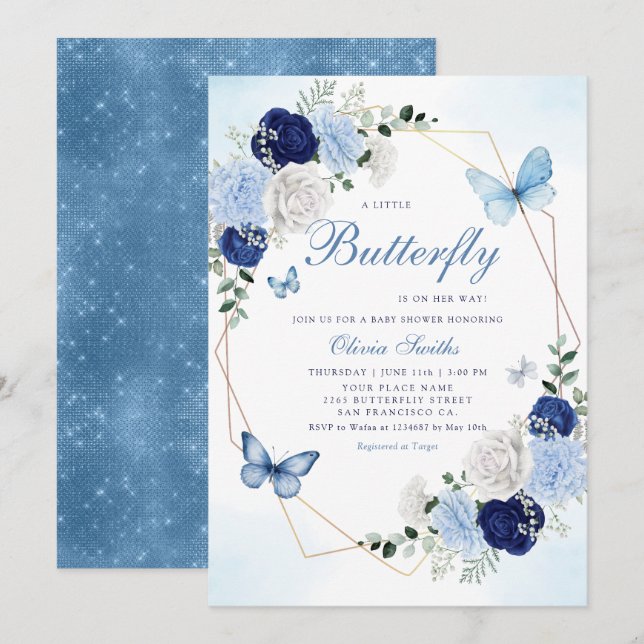 Invitation Cute Aquarelle Floral Butterfly Girl Baby shower (Devant / Derrière)