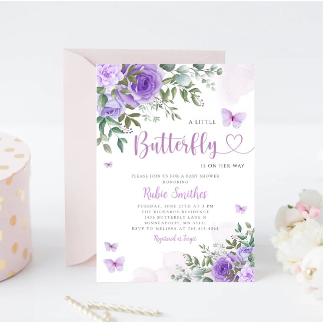 Invitation Cute Aquarelle Floral Butterfly Girl Baby shower (Créateur téléchargé)