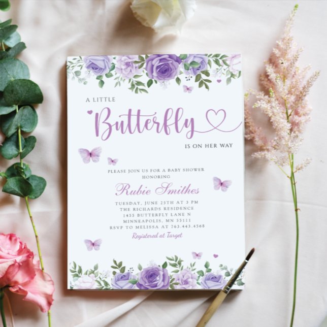 Invitation Cute Aquarelle Floral Butterfly Girl Baby shower (Créateur téléchargé)