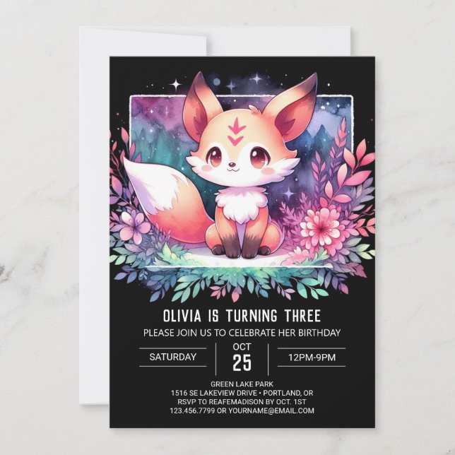 Invitation Cute aquarelle Fox Anniversaire numérique (Devant)