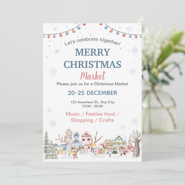 Invitation Cute aquarelle hiver Vacances Marché de Noël (Debout devant)