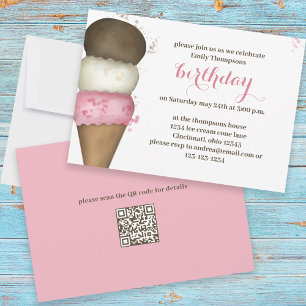Invitation Cute aquarelle Ice Cream Cone Anniversaire QR Code