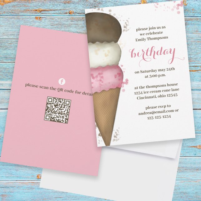 Invitation Cute aquarelle Ice Cream Cone Anniversaire QR Code (Créateur téléchargé)