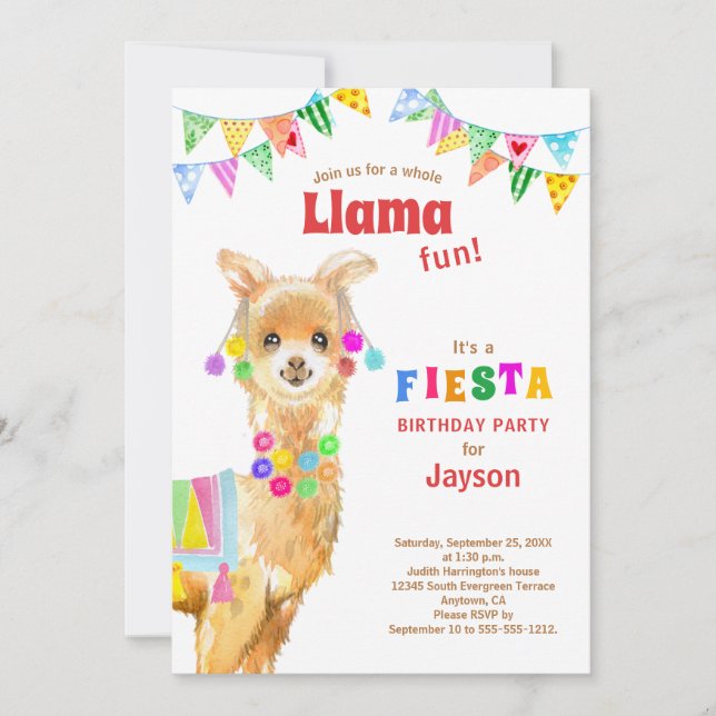 Invitation Cute aquarelle Llama Anniversaire Fiesta (Devant)