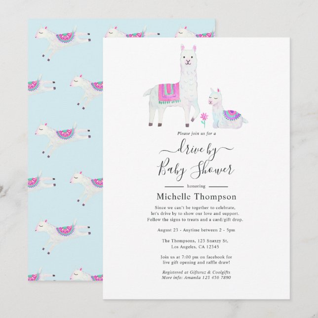 Invitation Cute Aquarelle Llama thème Drive Par Baby shower (Devant / Derrière)