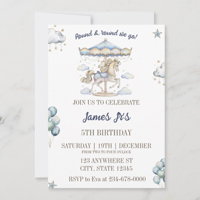 Invitation Cute aquarelle Magique Carrousel fête d'anniversai (Devant)