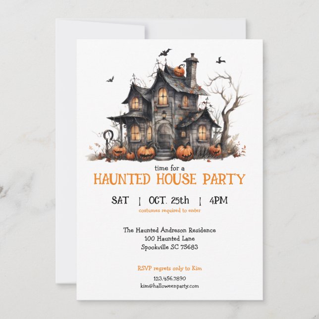 Invitation Cute Aquarelle Maison Hantée Halloween Party (Devant)