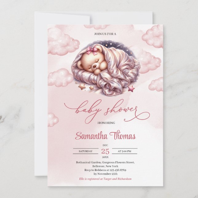 Invitation Cute Aquarelle rose or dormant ours en peluche (Devant)