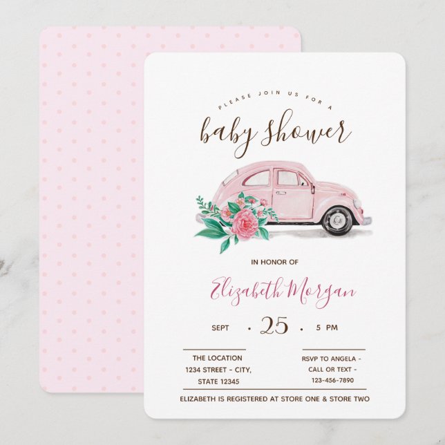 Invitation Cute aquarelle rose voiture Pois Baby shower (Devant / Derrière)