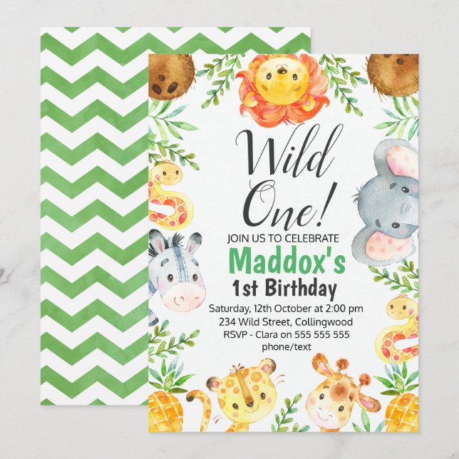 Invitation Cute Aquarelle Safari Animaux Anniversaire Invitat (Devant / Derrière)