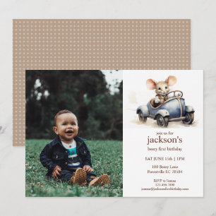 Invitation Cute aquarelle souris en bleu voiture 1er annivers