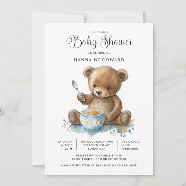 Invitation Cute Aquarelle Teddy Bear Porridge Baby shower (Devant)
