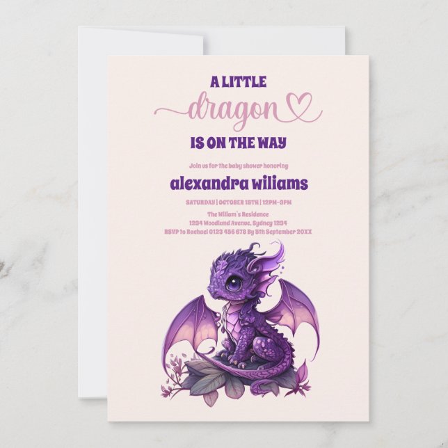 Invitation Cute aquarelle violet Baby shower Dragon (Devant)