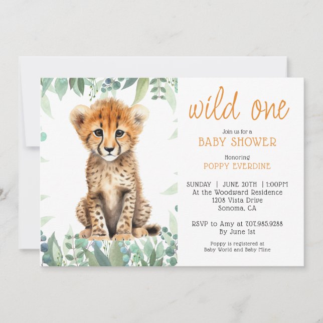 Invitation Cute Aquarelle Wild One Baby shower Cheetah (Devant)