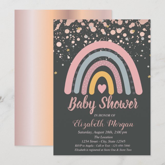 Invitation Cute arc-en-ciel, Baby shower Rose en or (Devant / Derrière)