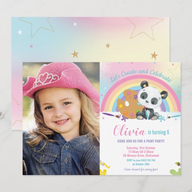 Invitation Cute arc-en-ciel Panda Art Party Paint Anniversair (Devant / Derrière)