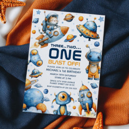 Invitation Cute Astronaut Cat Blast Off Space 1st Birthday