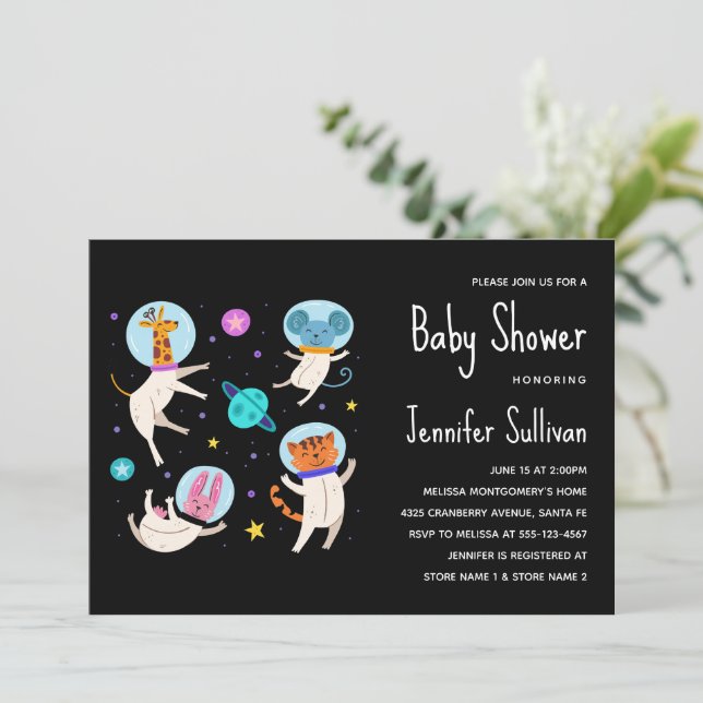 Invitation Cute astronaute animaux dans le Baby shower spatia (Debout devant)