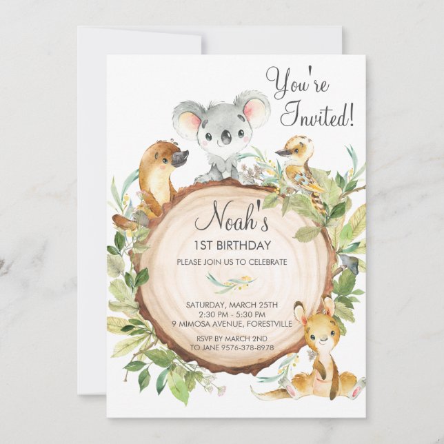 Invitation Cute Australian Animaux Koala 1er anniversaire fêt (Devant)
