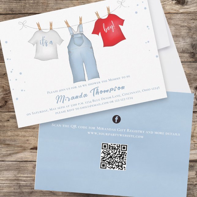 Invitation Cute Baby Boy Whimsical Denim Blue QR Code (Créateur téléchargé)