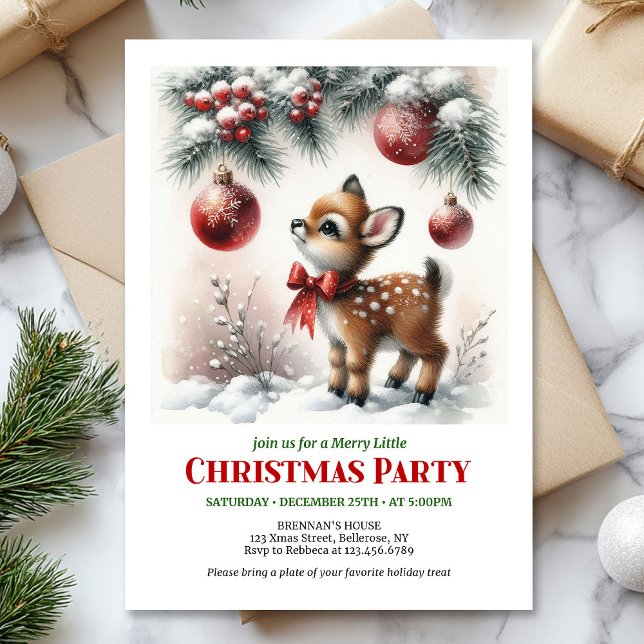 Invitation Cute baby deer Christmas kids invite editable card (Cute baby deer watercolor Christmas invite red green white)