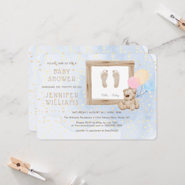 Invitation Cute Baby Feet Aquarelle Baby shower bleu moderne (Devant/Arrière en situation)