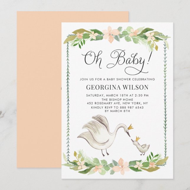 Invitation Cute Baby shower Aquarelle maman et bébé cygnes (Devant / Derrière)