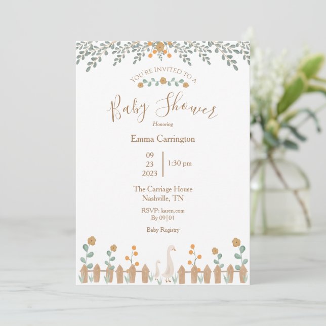Invitation Cute Baby shower de canard à aquarelle florale (Debout devant)