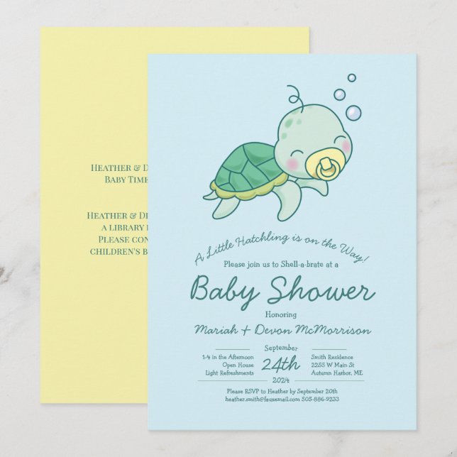 Invitation Cute Baby shower de tortue de mer Kawaii Invitatio (Devant / Derrière)