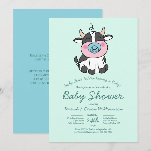 Invitation Cute Baby shower de vache Kawaii Blue Boy (Devant / Derrière)
